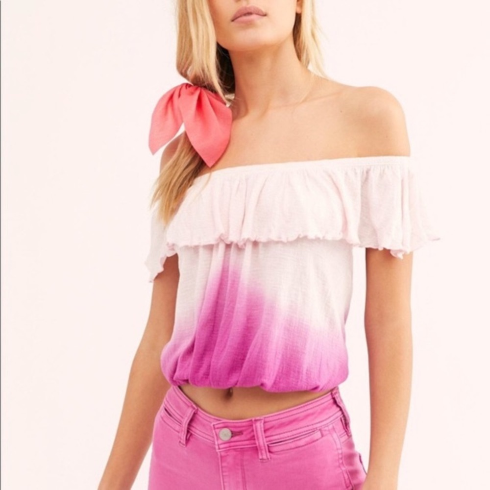 Free People Pink Ombré Off Shoulder Ruffle Top Boho Peasant Blouse